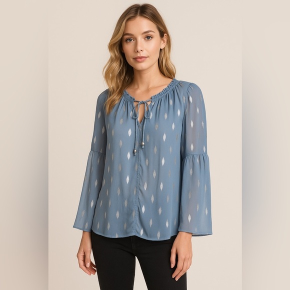 💙 Jennifer Lopez Shirred Chiffon Peasant Top – Blue & Silver, Size S (NWT)💙 - Picture 1 of 15